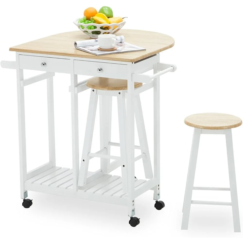 

Rolling Kitchen Island Cart Trolley with 2 Stools and 2 Drawers White
