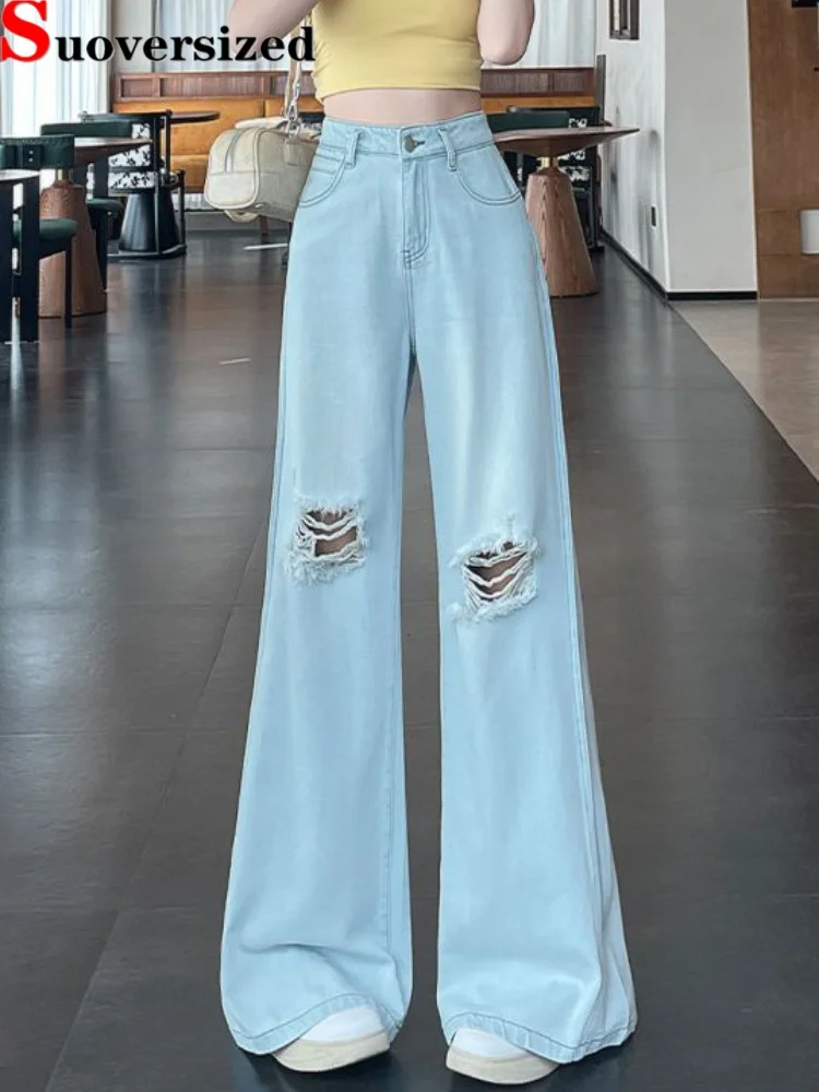 

Ripped Straight Vintage Jeans Streetwear High Waisted Wide Leg Vaqueros Women's Casual Retro New High Waisted Denim Pants