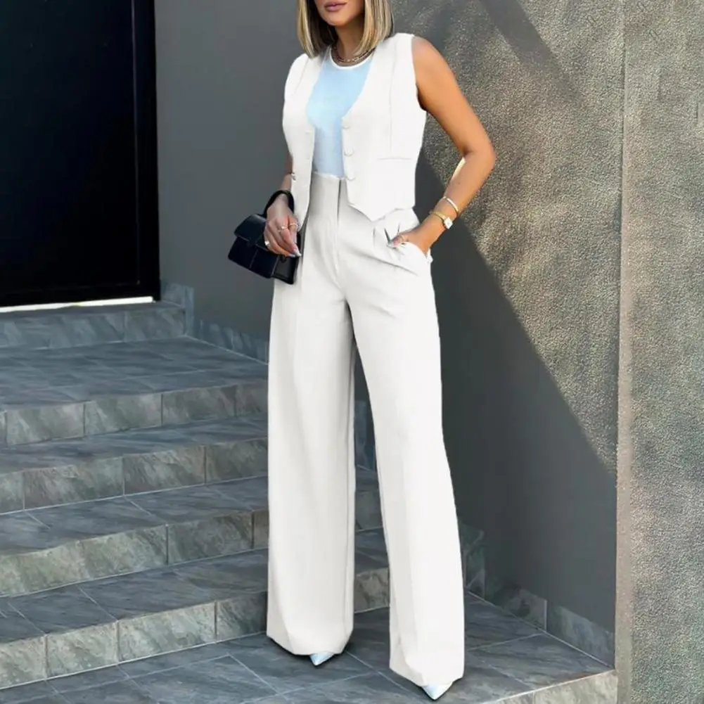 Two-piece Suit Elegant Lady Baggy Pants Set with Sleeveless Vest Solid Color High Waist Women\'s Wide Leg Pants Casual for A