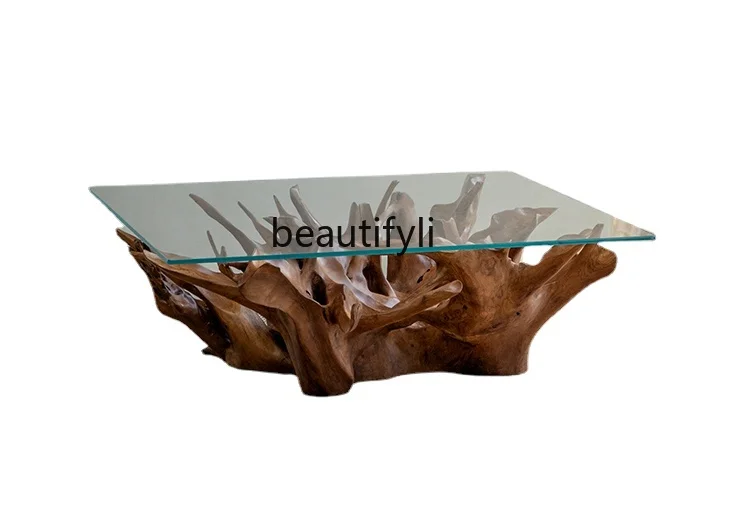 

Teak Creative \Indonesian Tree Root Retro Silent Wind Root Carving Glass Tea Table Log Solid Wood with Shape Tea Table