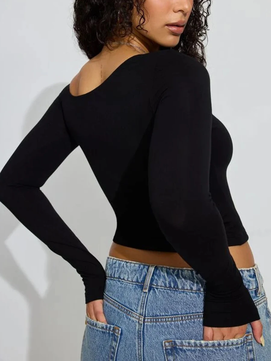 Women s One Shoulder Tops  Solid Color Slash Neck Long Sleeve Showing Navel Asymmetrical Shirt for Fall Streetwear