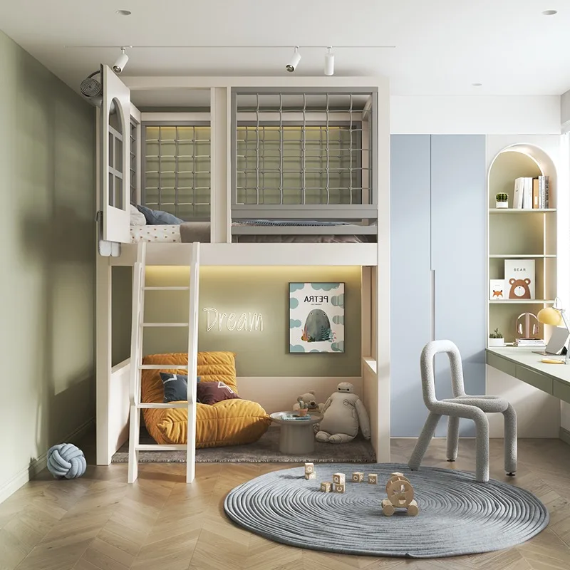 

Full solid wood staggered up and down bed Double layer dislocated child and mother bed Stair ladder adult high guardrail castle