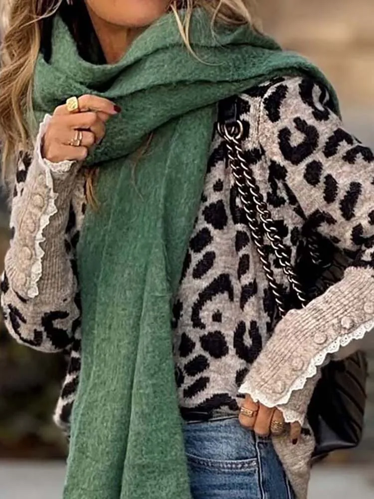 2025 Elegante Leopardenmuster High Street Pullover Tops Damenmode Oansatz Gestrickte Bluse Casual Langarm Pullover Pullover