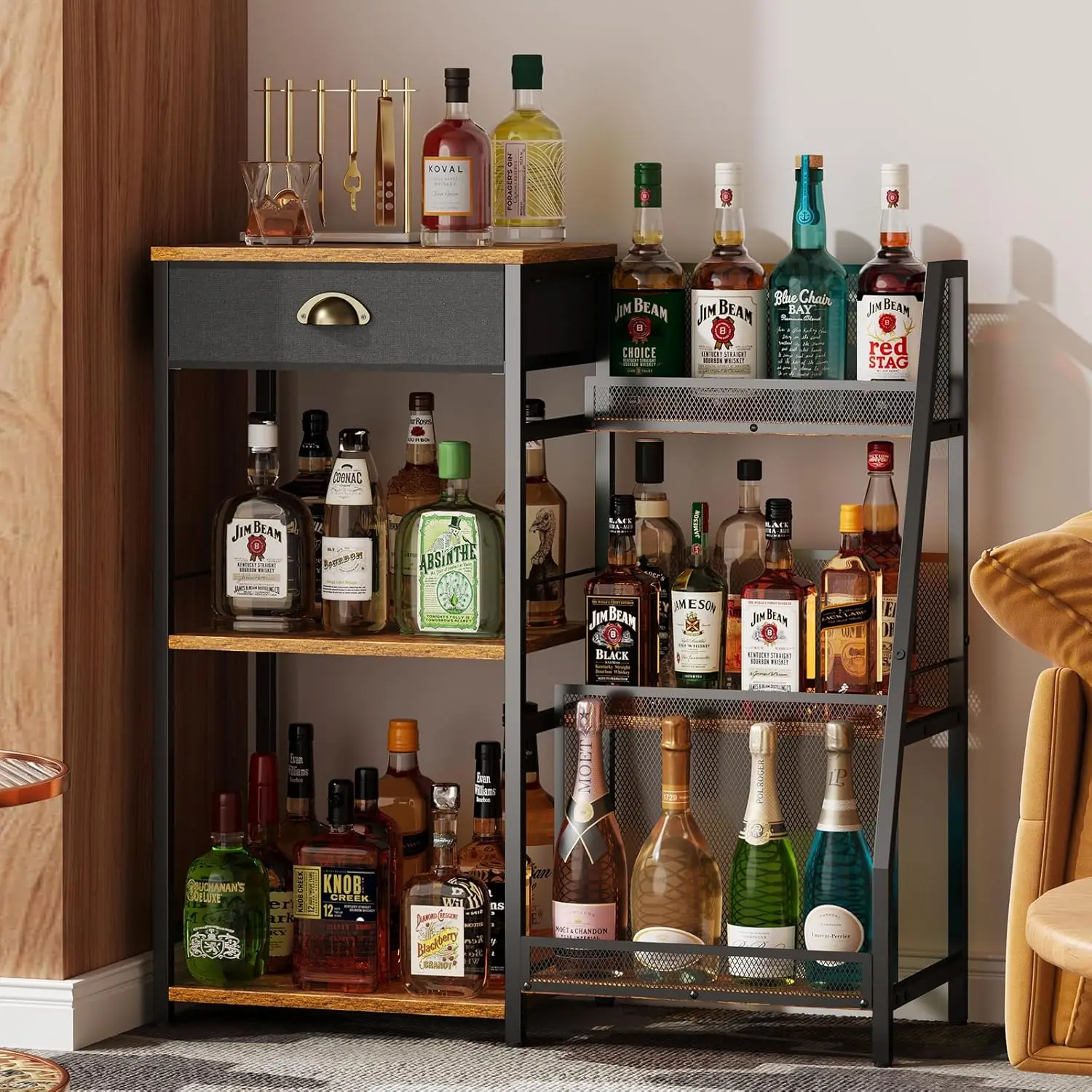 Barra de armário de bebidas para casa com gaveta, rack de vinho de 3 camadas independente e prateleira de vinho com design de degrau para uísque, à venda