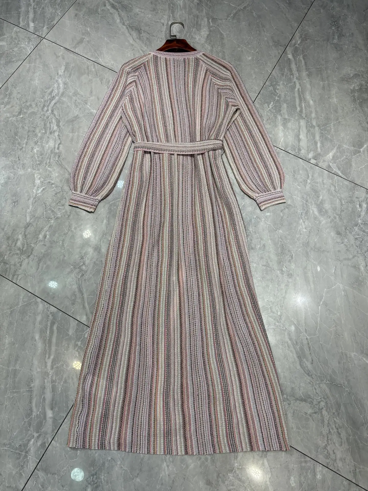 Early Autumn Female Knitted Cardigan Sequins Striped Lantern Sleeve V-Neck Lace-up Waist Loose Sweater