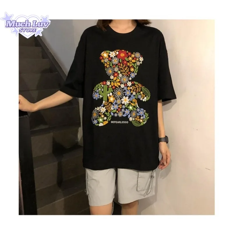 Cute Colorful Flower Bear Printed T-shirt Men and Women Summer Fashion Trend Casual Comfy Pure Cotton Couple Short Sleeve Top