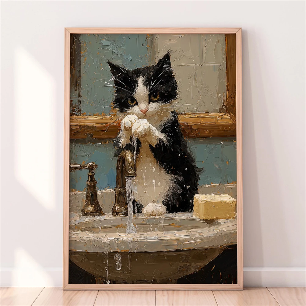 Ginger Cat on Toilet Bathroom Art Oil Painting Print Funny Orange Tabby Cat Bathroom Canvas Painting Art Toilet Humor Poster