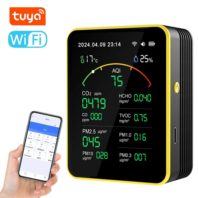 Tuya WiFi 15in1 Air Quality Detector Portable AQI PM0.3 PM1.0 PM2.5 PM10 CO CO2 TVOC HCHO Tester TFT Display with Alarm Function