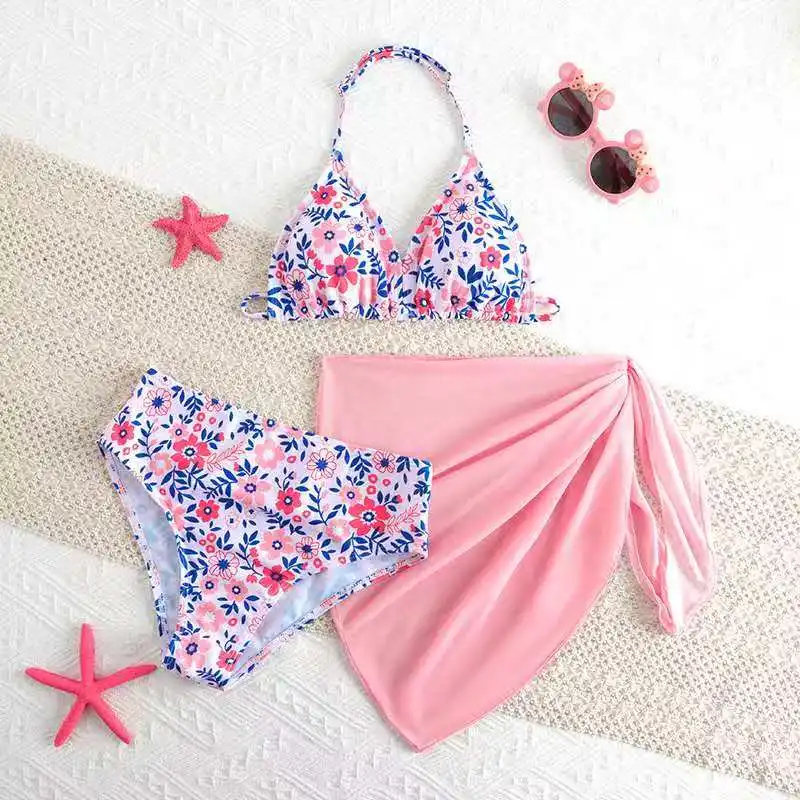 

2026 Halter High Waist Bikini Floral Triangle Girls Swimsuit Kids Swimwear Female Children Bathing Swimming Swim Suit Beachwear