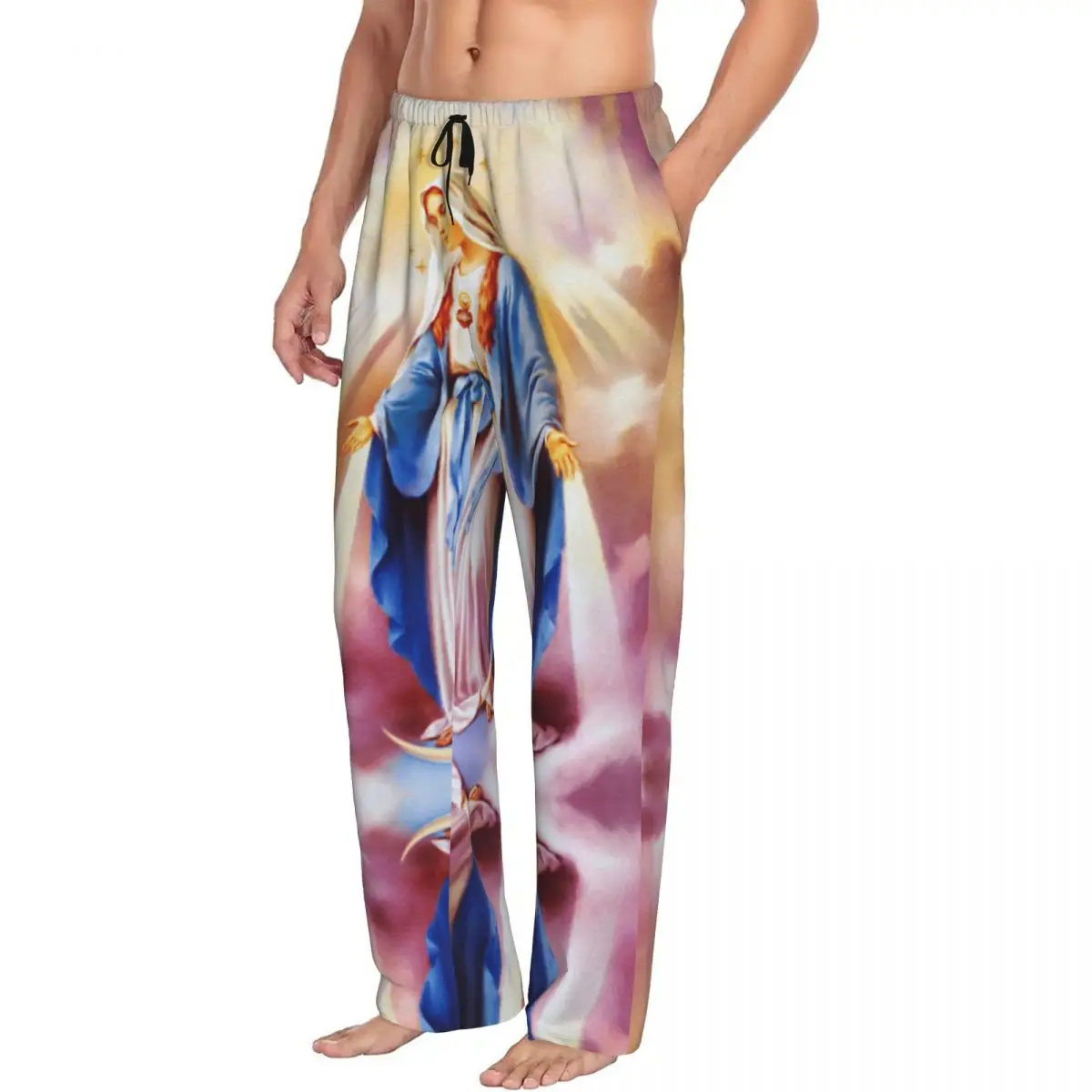 Custom Catholic Virgin Mary Pajama Pants Men's Our Lady of Guadalupe Lounge Sleep Drawstring Sleepwear Bottoms with Pockets