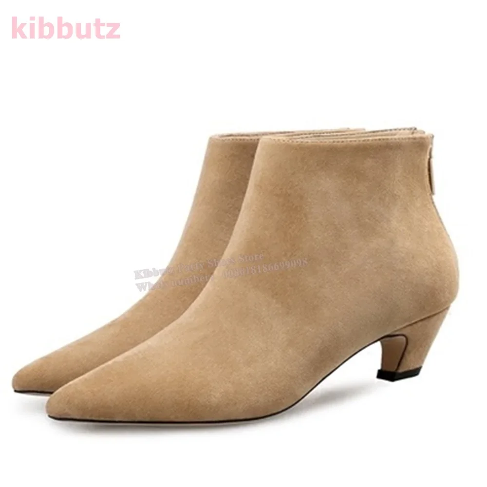 Suede Enkellaarsjes Puntschoen Kitten Hak Terug Rits Effen Kleur Bruin Mode Elegante Sexy Beknopte Vrouwen Schoenen Nieuwste Nieuwigheid