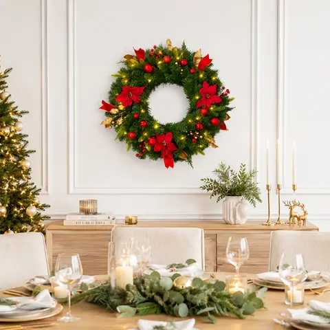 24 Inch Lighted Christmas Wreath For Front Door With Timer, Pine Berries Balls Ribbon Rustic Holiday Indoor Outdoor Decor