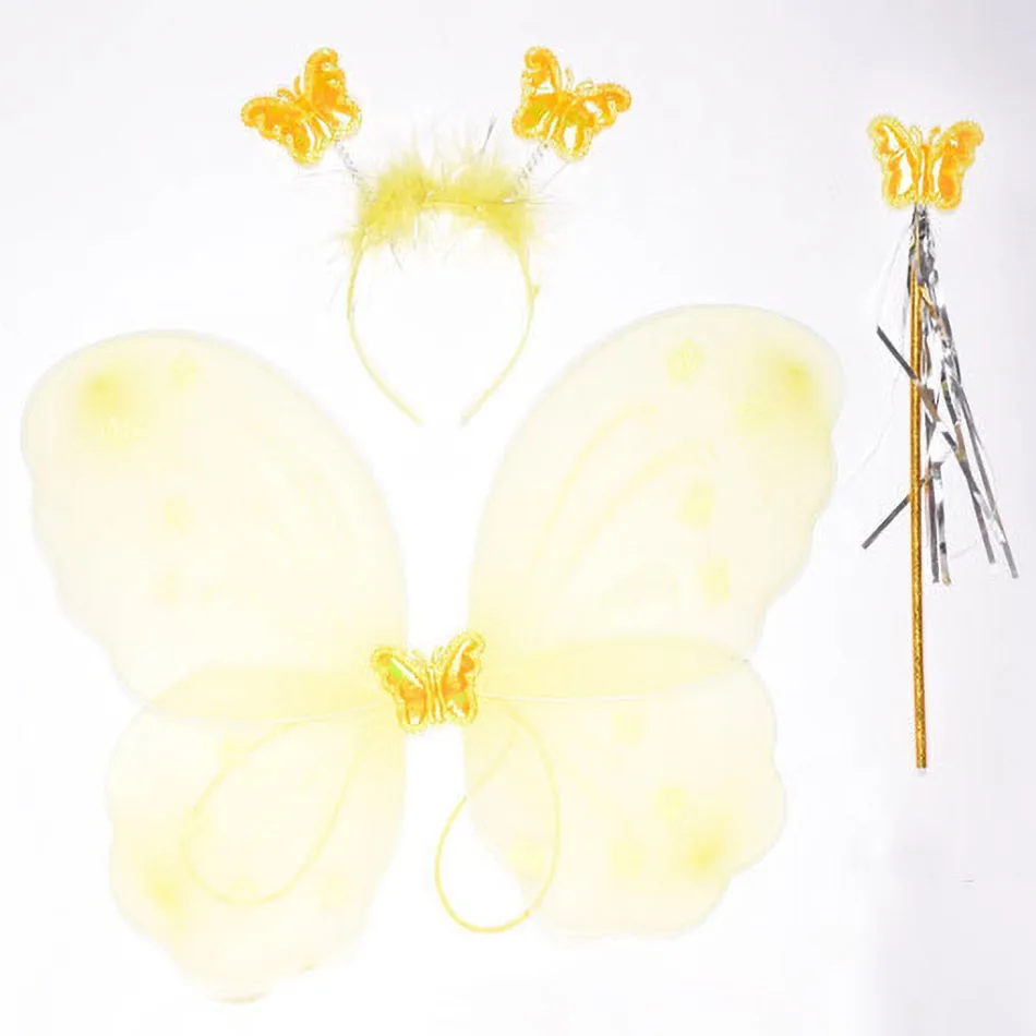 Kids Butterfly Headband Wings Wand 3 Pcs Set Girls Summer Photography Outfit Children Silk Yellow Green Purple Pink Color Props