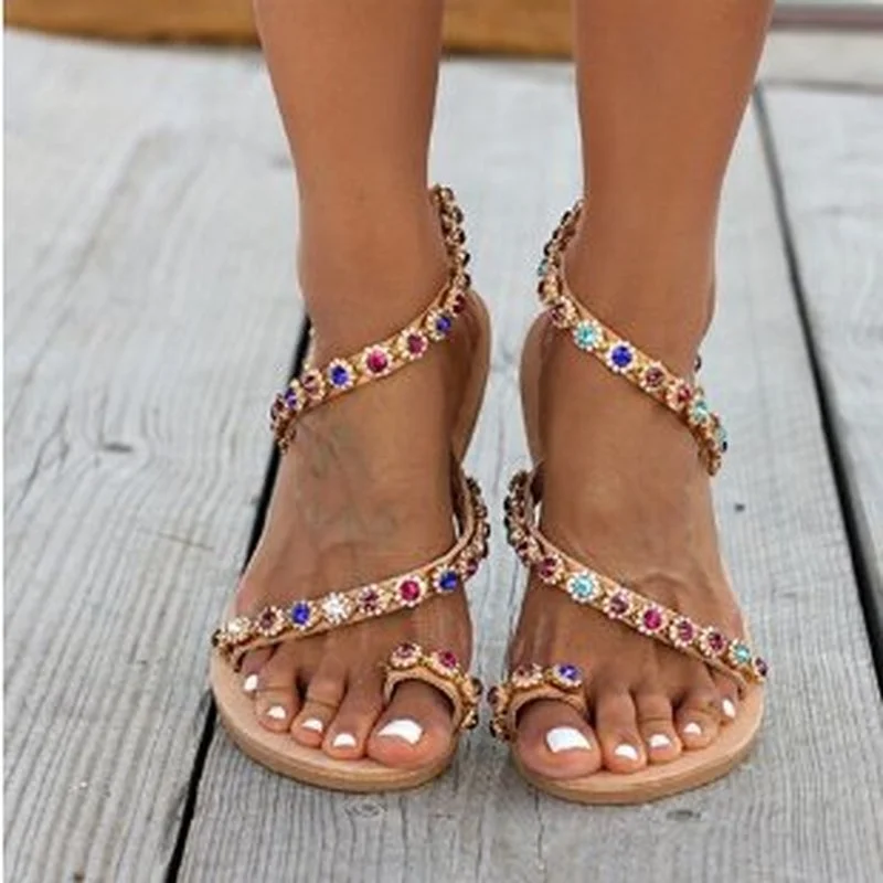 2022 Summer Women Sandals Sweet Boho Pearl Decoration Sandals Leather Flats Plus Size Women Beach Sand Holiday Shoes Zapatos