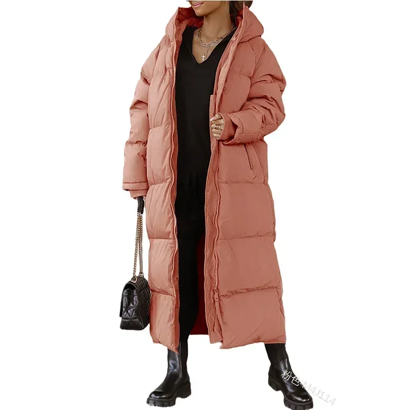 Hooded Solid Color Long Cotton Coat Fashion Casual Zipper Long Sleeve Women's Coat