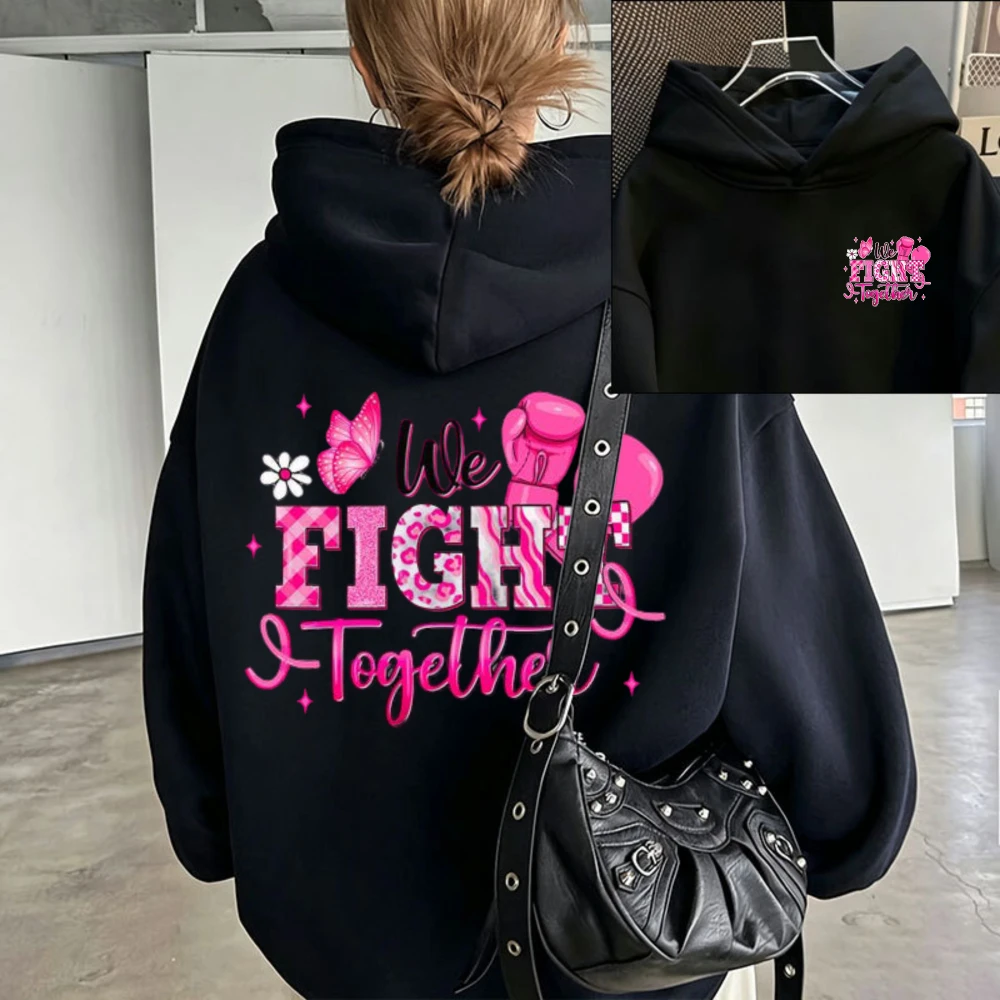 We Fight Together Pink Boxing Glove Breast Cancer Awareness Two Sided Graphic Hoodie Women Oversized Pullover Women Pullover
