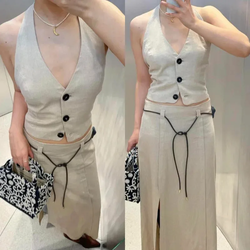 Women's Casual Linen Solid Color Sleeveless Top with Backless Suspender And Long Belt Straight Skirt Summer Fashion Suit