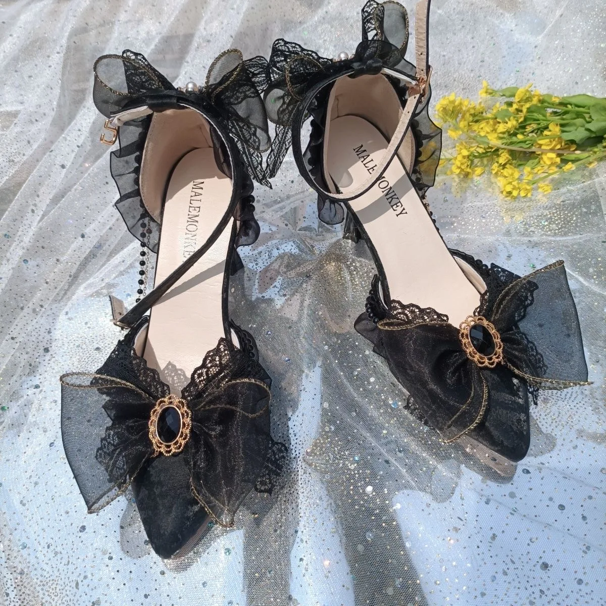 Lolita Shoes Handmade Flower Wedding High Heels Elegant Dark Black Lolita Shoes Pointed Thin Heels Court For Women