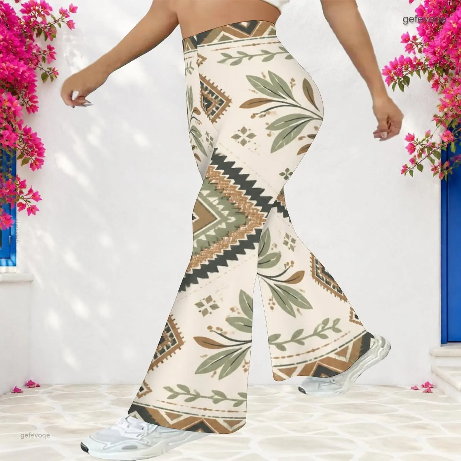 Women High Waist Full Length Ethnic Geometric Printed Flared Pants Brown Teal Black Trousers