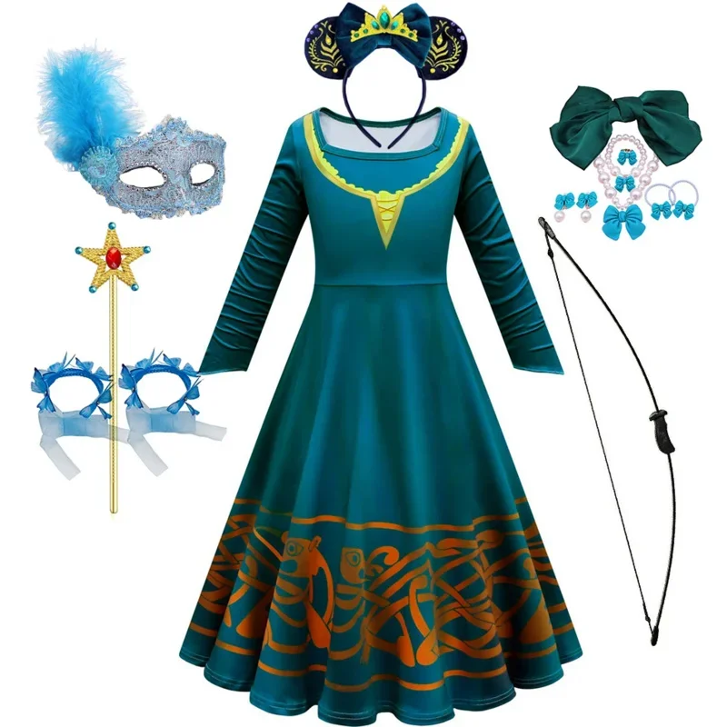 Vestido de Cosxie Mérida para niña, disfraz de película de dibujos animados valiente, trajes de princesa con estampado 3D, ropa de fiesta temática de manga larga para Halloween