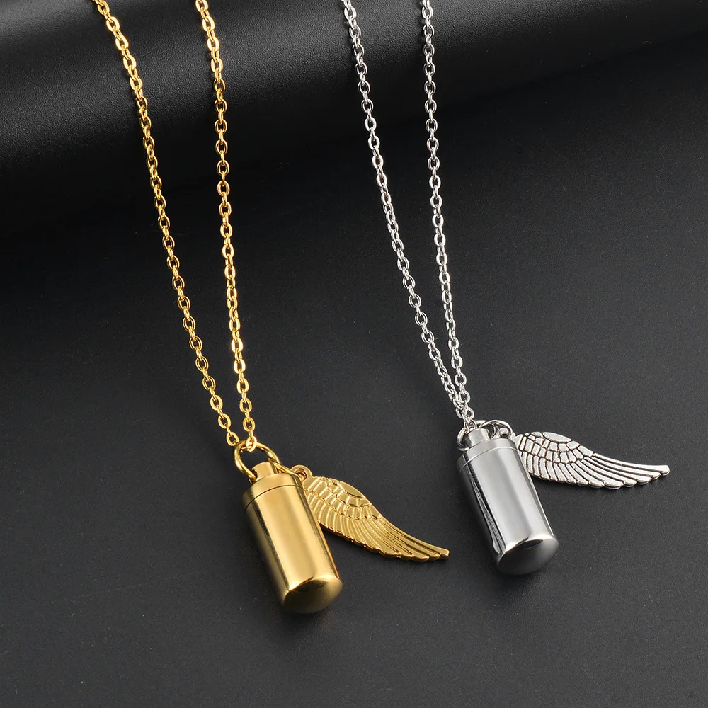 High Quality Stainless Steel Capsule Style Necklace Angel\'s Wing Tag Open Ashes Urn Lockets Commemorate Loved Ones Pendant Gift