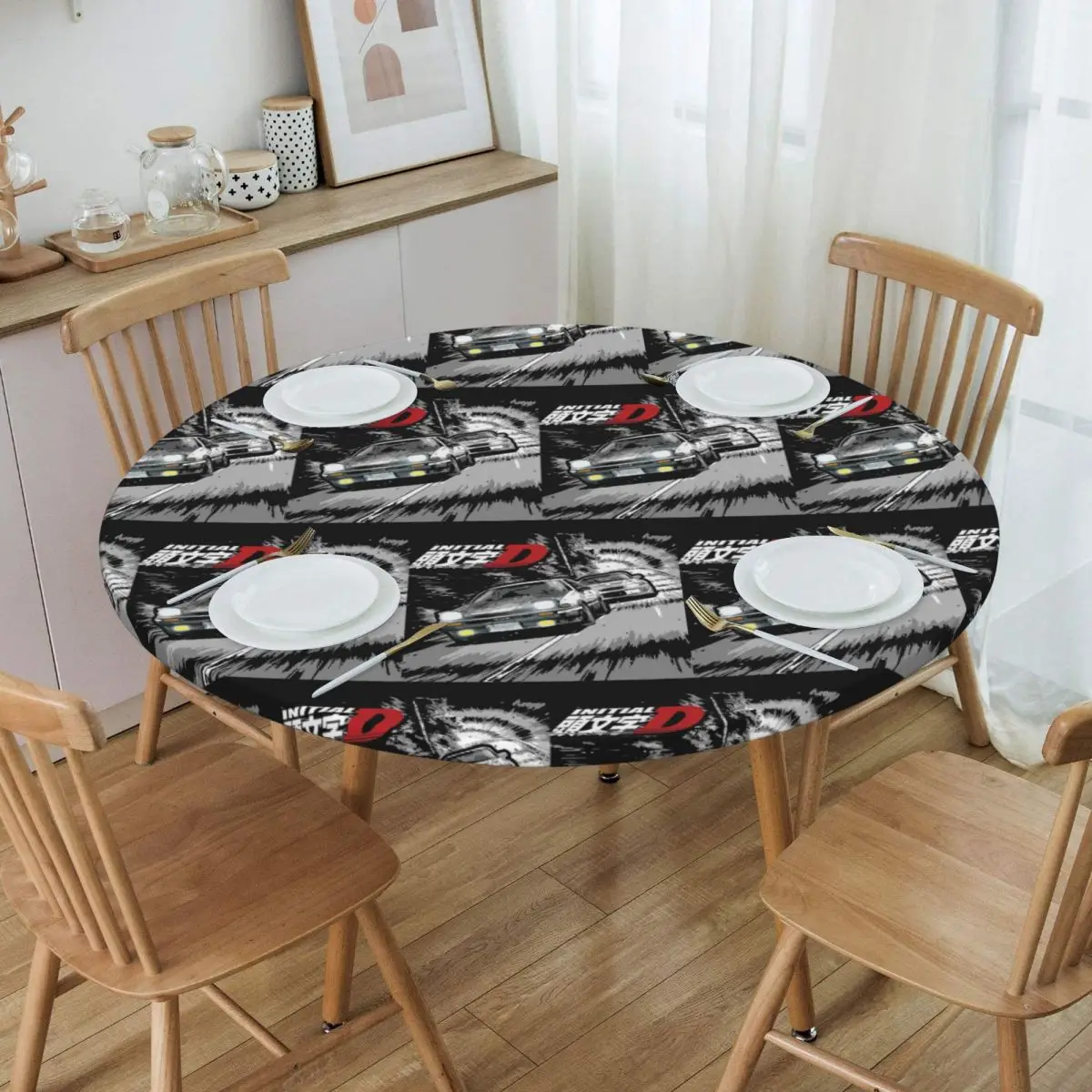 Initial D - Mountain Drift Racing AE86 Waterproof Round Tablecloth Oilproof Table Cloth for Kitchen Events Dining Table Cover