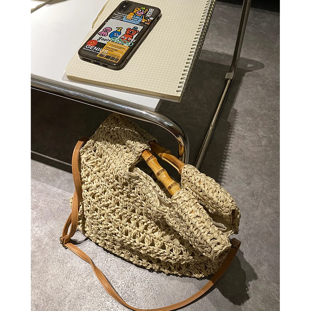 Bamboo Handle Straw Handbag Handmade Woven Beach Bags for Women Paper Rope Knitting Rattan Bag Square Shoulder Crossbody Bag New