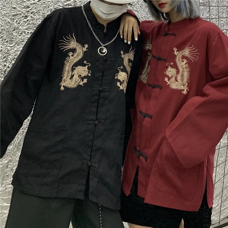 QWEEK Harajuku Blusen Frauen Chinesischen Stil Dragon Shirt Stickerei Strickjacke Langarm Tops 2021 Mode Retro Streetwear Chic