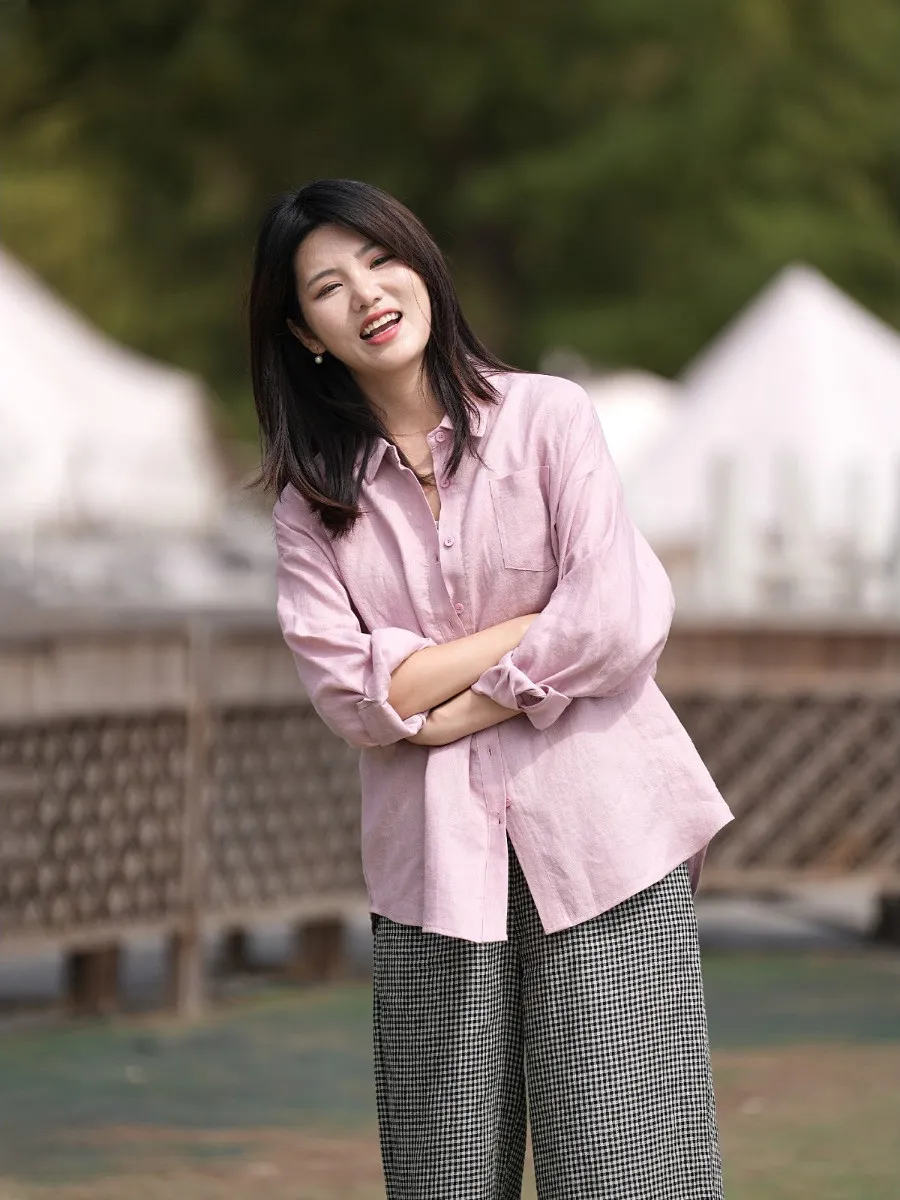 

Ele Pure Color Cotton Linen Long Sve irt Women's Autumn Outerwear Commute Casual Slimming Open Cardigan Top