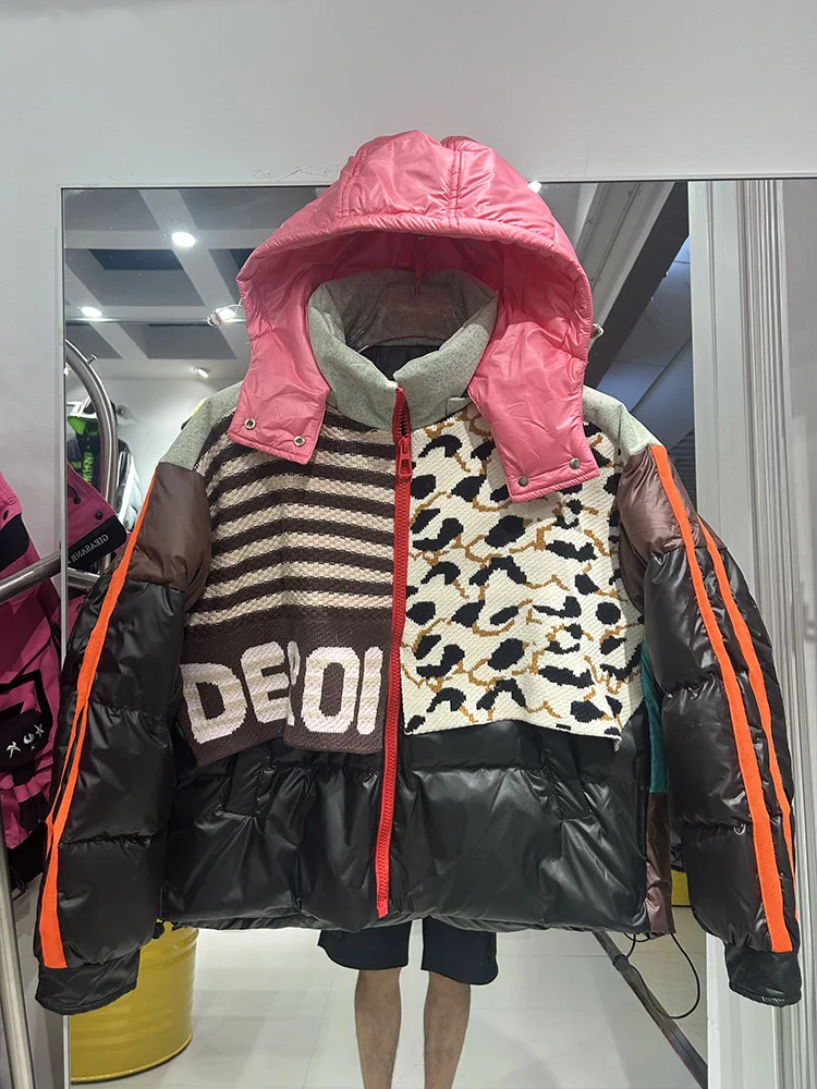 Chaqueta con capucha y estampado de bloques de Color de punto de gama alta, abrigo acolchado de pato blanco 90% holgado y grueso para invierno, nueva calle