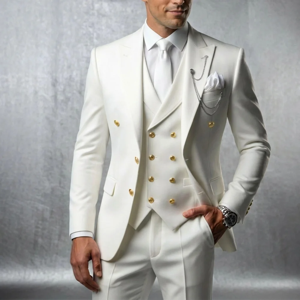 Double Breasted 3 Pieces Groom Suit for Men Wedding Tuxedo with Gold Buttons Slim Fit Blazer Vest Pants Party