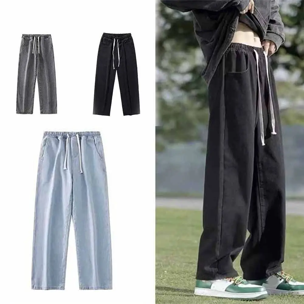 

Новые модные мужские повседневные джинсы с эластичной резинкой на талии Свободный крой Прямые джинсовые брюки Базовый дизайн Широкие широкие брюки для повседневного использования