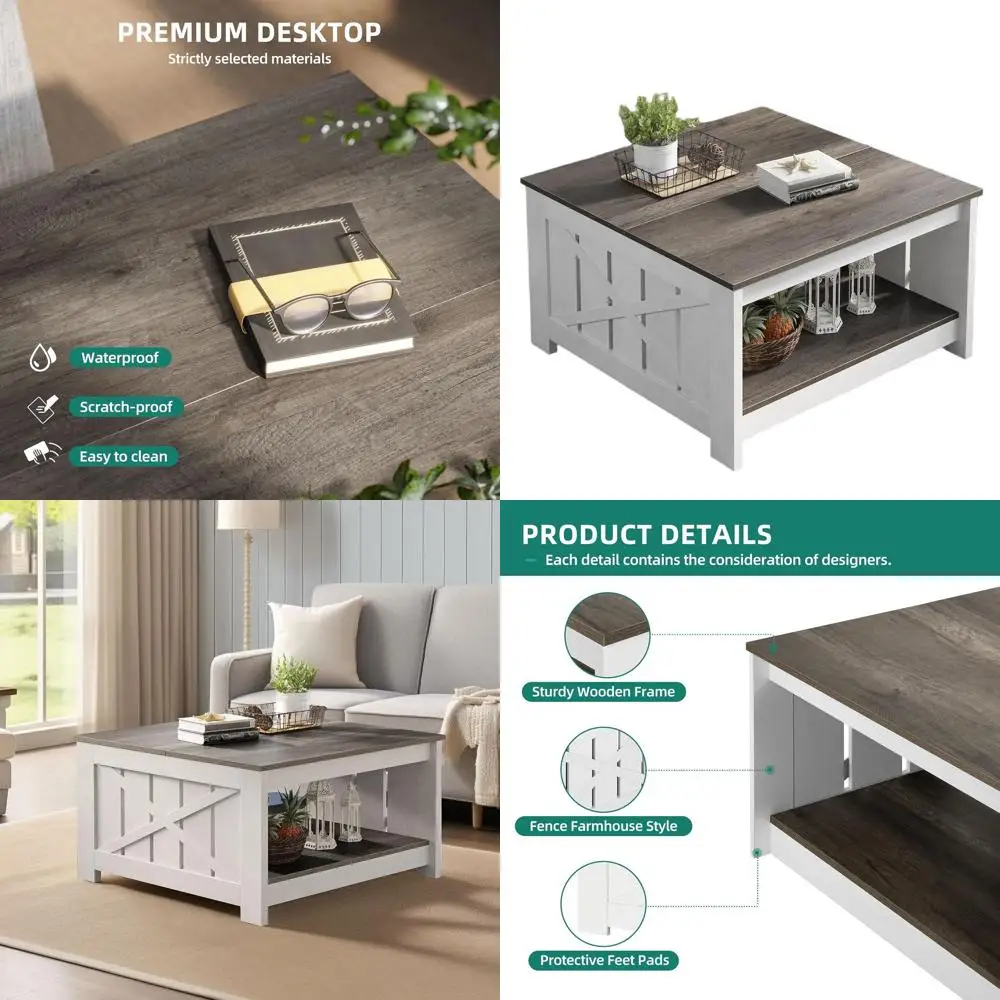 طاولة قهوة على طراز المزرعة الريفية مع مساحة تخزين نصف مفتوحة، مربعة، بني فاتح وأبيض لغرفة المعيشة #1