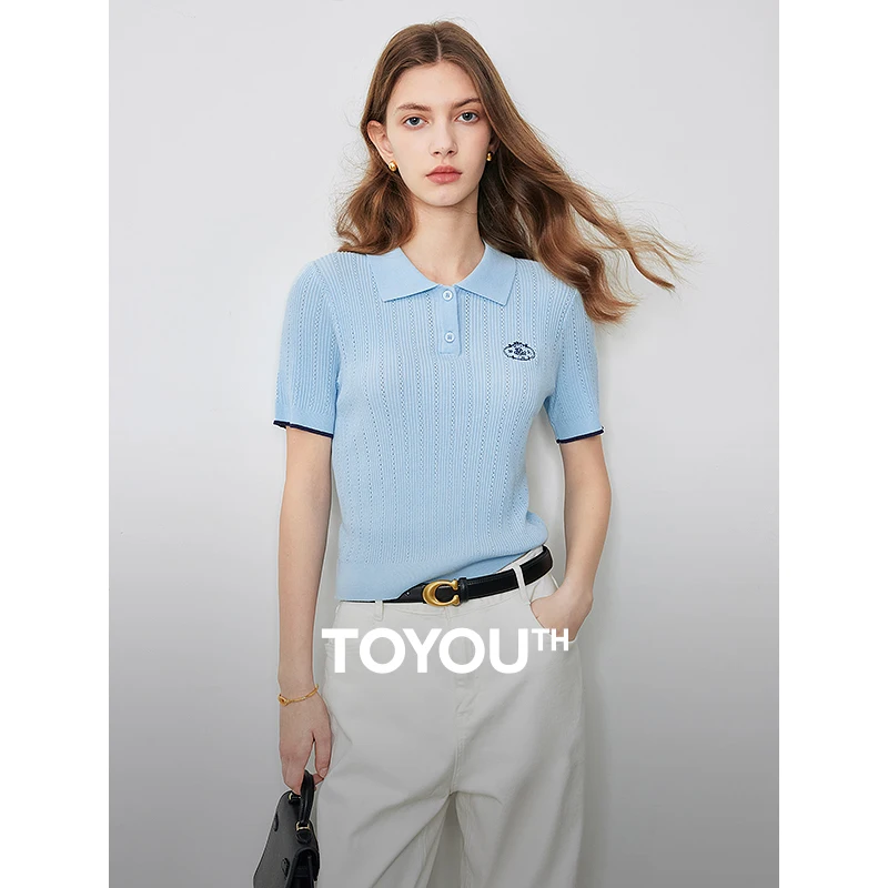 

TOYOUTH Women Knitwear 2024 Summer New Contrast Color Hollow Out Polo Neck Short Sleeve Fashion Tops