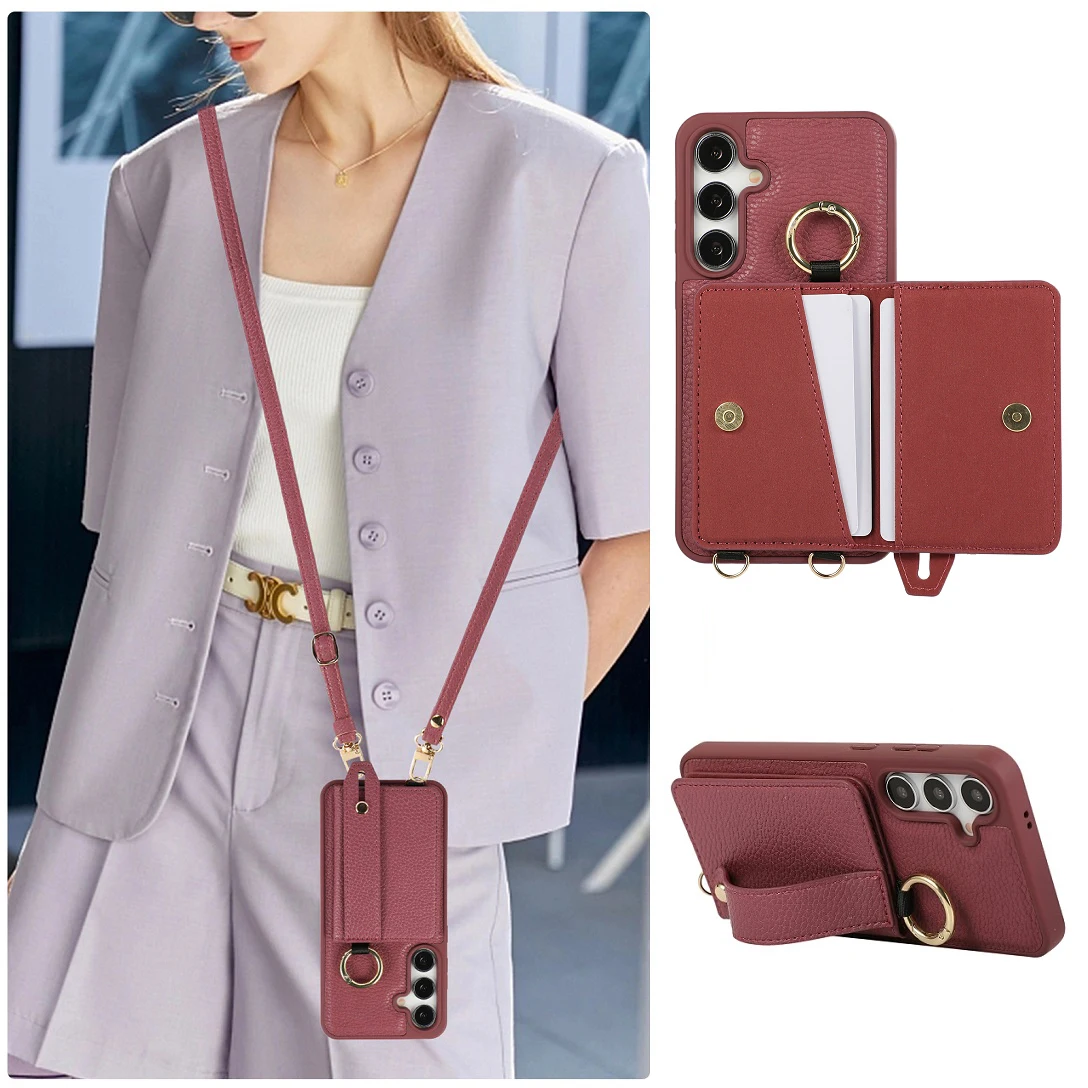 

Luxury Crossbody Elegant Leather Card Slot Wallet Case For Samsung Galaxy S24 Ultra S25 Edge S23 S22Plus Phone Cover Wrist Strap