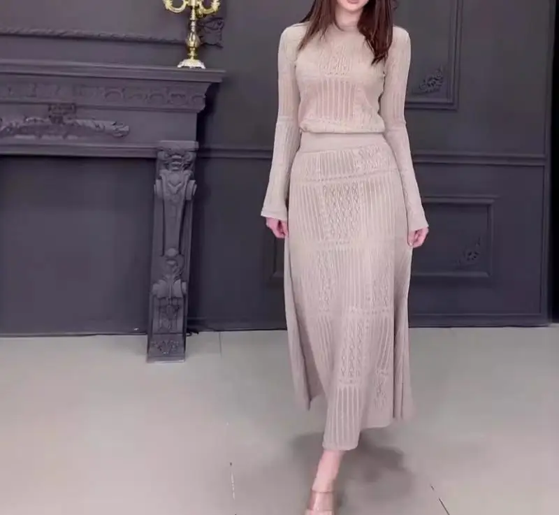 French Elegant 2-Piece Sets for Women Solid Color O-Neck Slim Fit Long Sleeved Top High Waisted Autumn Elegant Party Skirt Sets