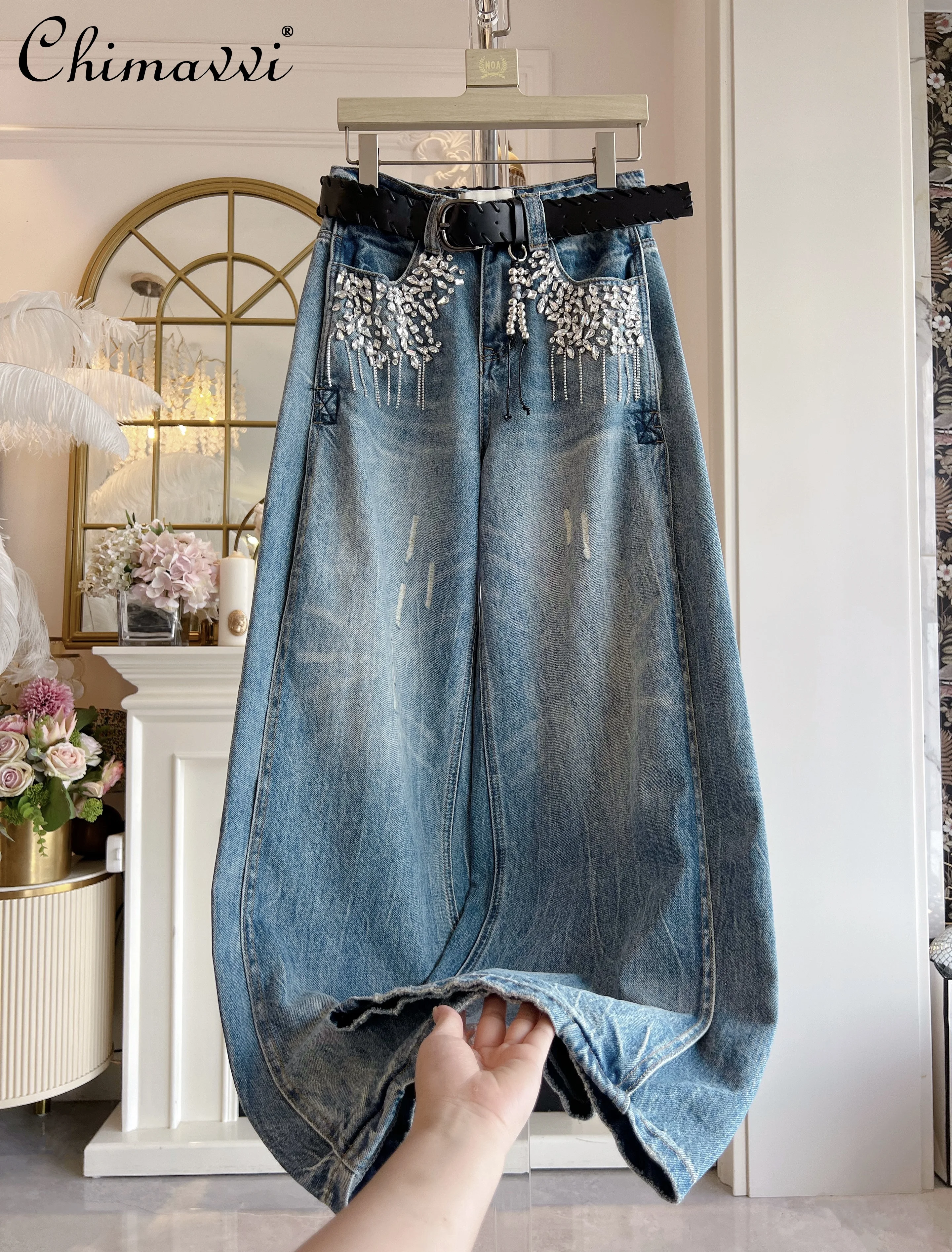 

Европейские винтажные широкие брюки с тяжелыми бриллиантами для женщин, осень 2022, новые модные свободные утягивающие элегантные потертые джинсовые брюки