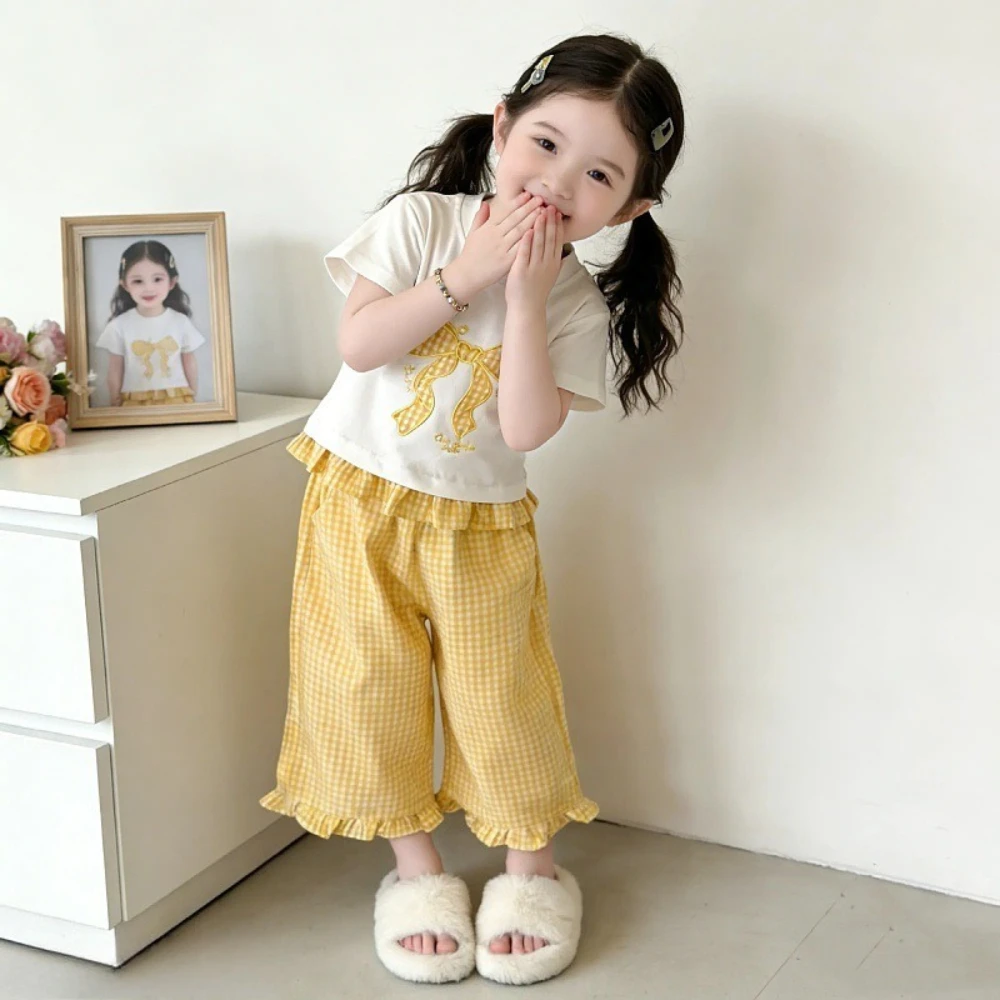 Sweet and Cute Bow Print T-shirt+checkered Wide Leg Pants Two-piece Set Korean Version 3-7 Year Old Girl Casual Suit Summer New