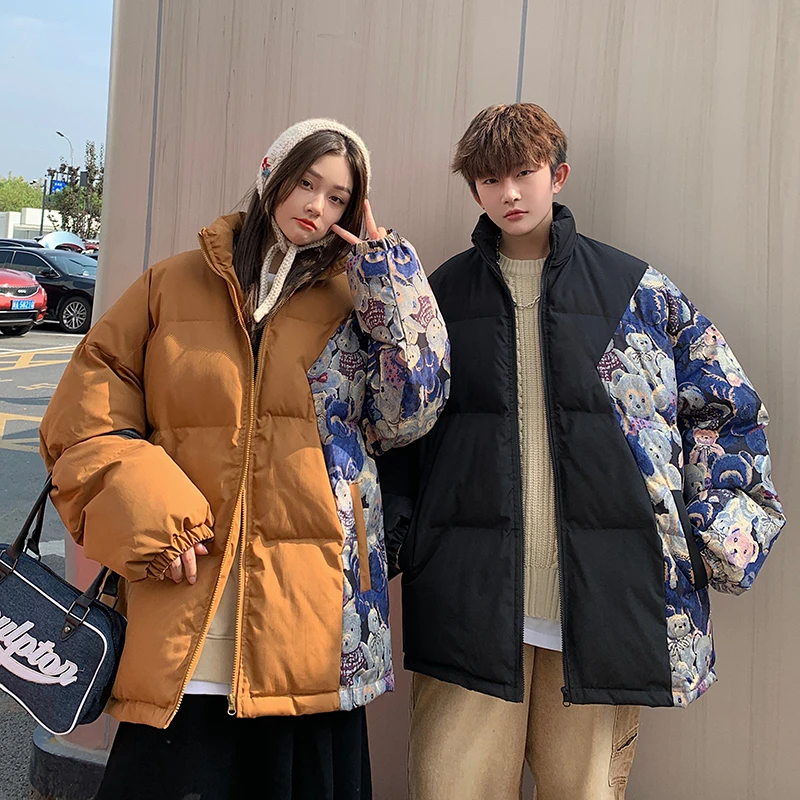 

Мужская зимняя куртка оверсайз из хлопка с нашивками в виде медведя, модная, свободного кроя, молодежная, повседневная, с животным принтом, на молнии