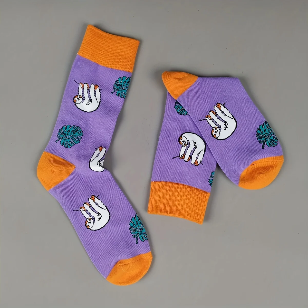 1 pair of women's Spring Sloth Purple & Orange Color Block  Socks, Fun Cartoon Casual Socks