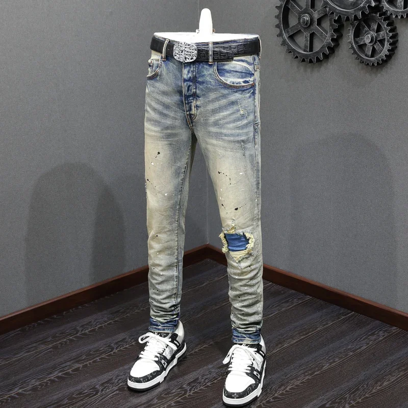 High Street Fashion Men Jeans Retro Washed Blue Stretch Skinny Fit Painted Ripped Jeans Men Patched Designer Hip Hop Brand Pants