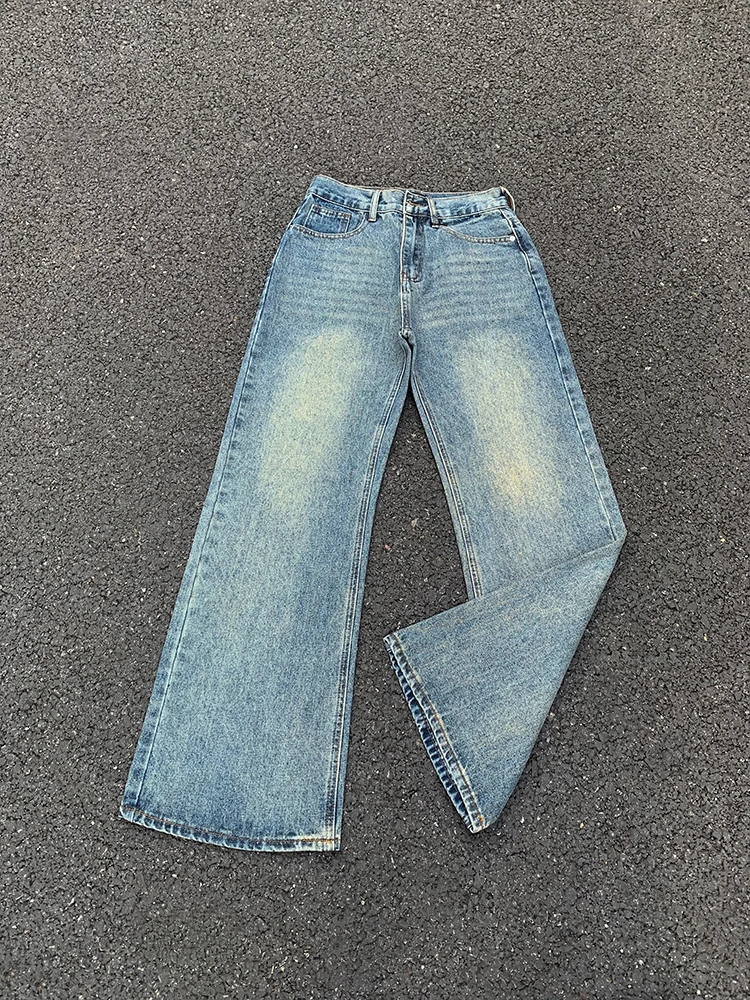 

Американские винтажные свободные прямые джинсы с завышенной талией для мужчин и женщин, длинные брюки-колокольчики, утягивающие джинсы с высокой талией