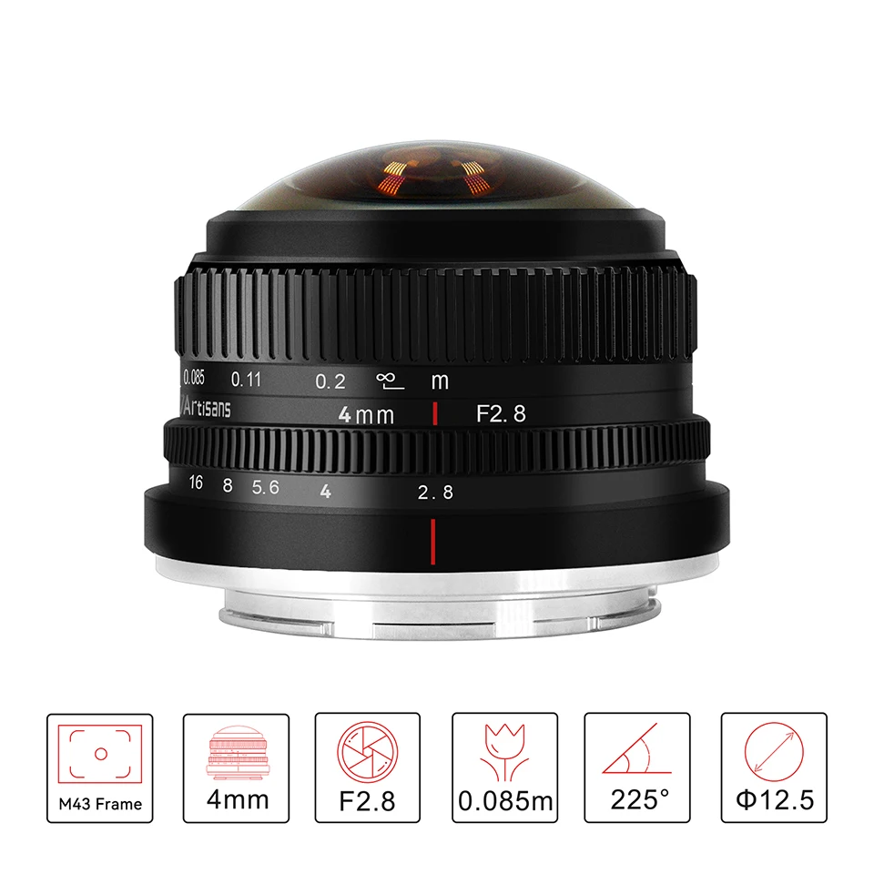 7artisans APS-C 4mm F2.8 225° Circular Fisheye Camera Lens for Sony E/Fuji FX/Canon EOS-M/ M43 Mount A7RIII A6400 XT30 XE4