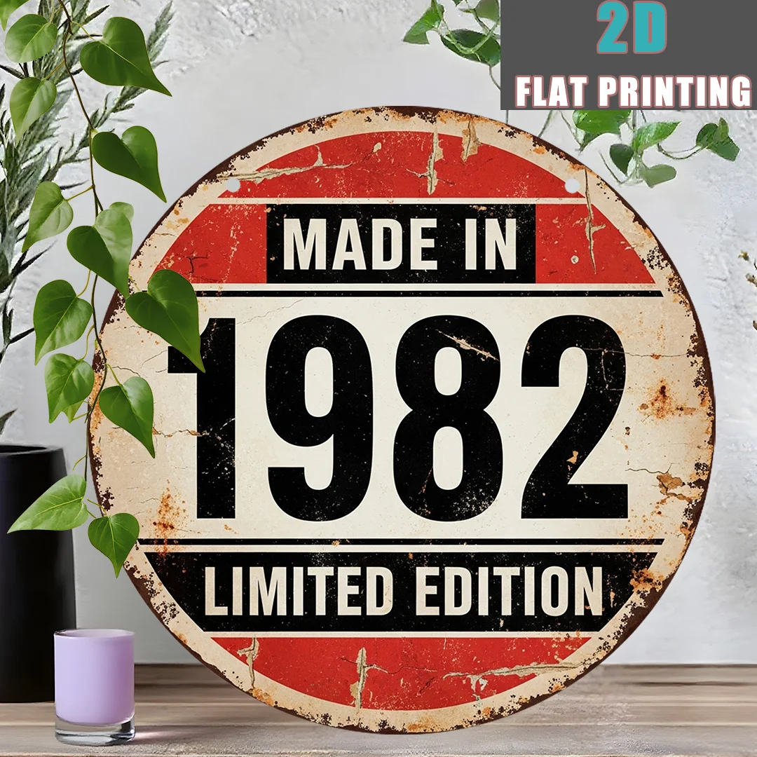 Letrero de Pared de Madera Vintage de Edición Limitada de 1982, Plano en 2D, 1 Pieza - Rayas Rojas y Blancas con Números Negros Gruesos de 1982 - Arte Duradero