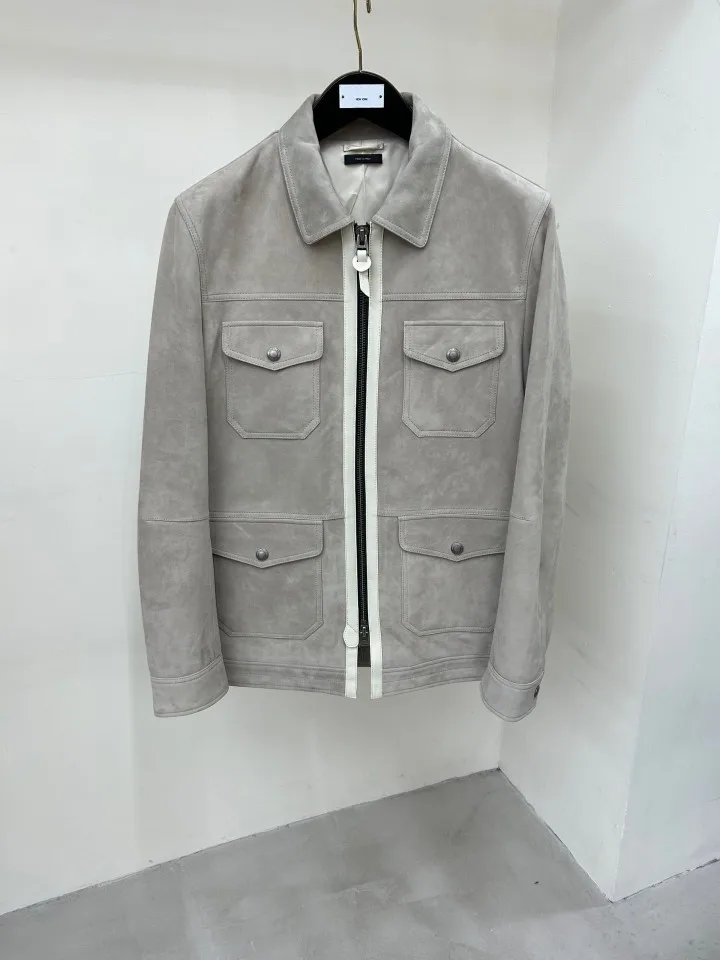 Chaqueta de cuero de ante para hombre TF, nueva colección de invierno 2026, estilo de trabajo, cuello vuelto, color gris, abrigo retro