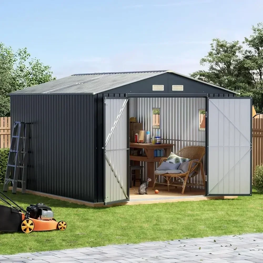 12x10 Outdoor Metal Storage Shed with Double Doors, 2 Windows, and Skylight Panel for Patio or Garden Use