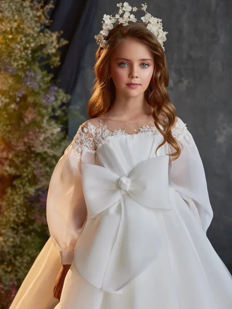 Flower Girl Dresses White Satin Appliques With Rhinestones Beads Big Bow Long Sleeve For Wedding Birthday Banquet Princess Gowns