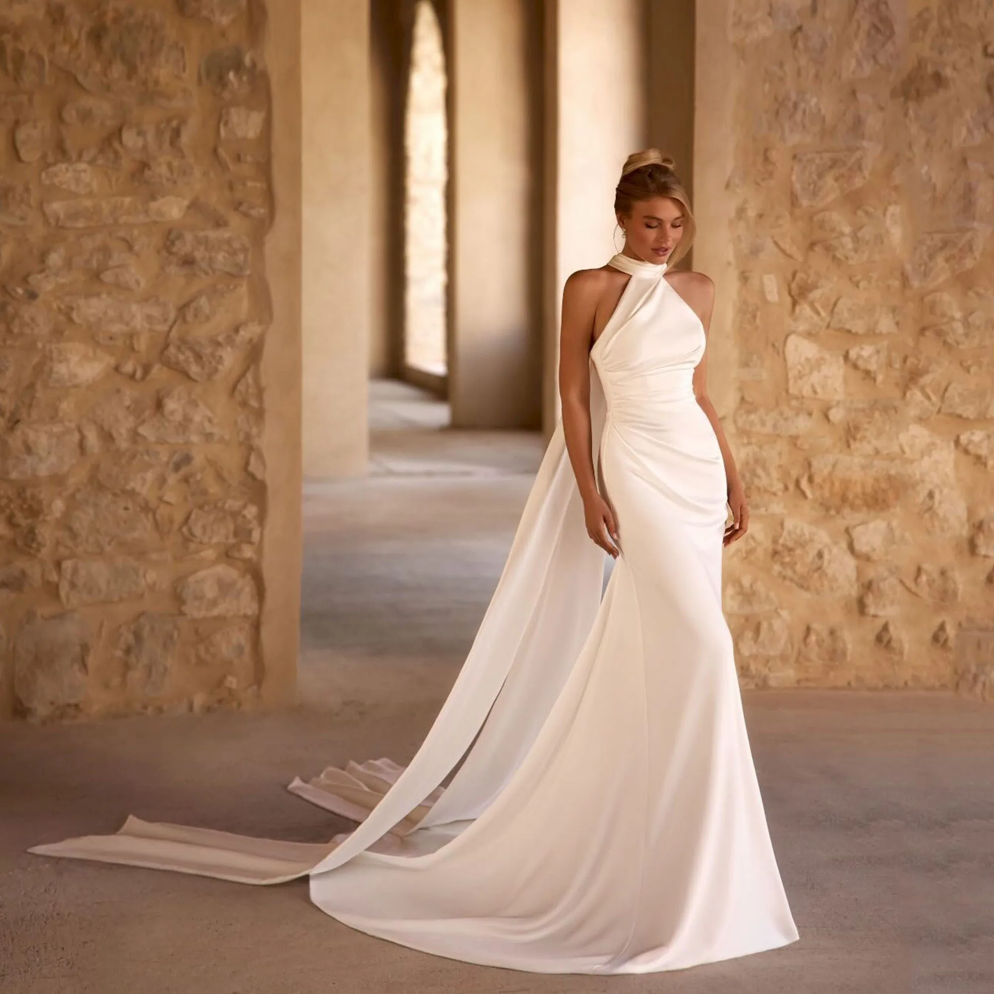 

Satin Mermaid Ivory Wedding Dress Backless Halter Neck Sweep Train Elegant Bridal Gown Simple Vestido de Novia Sirena Customized