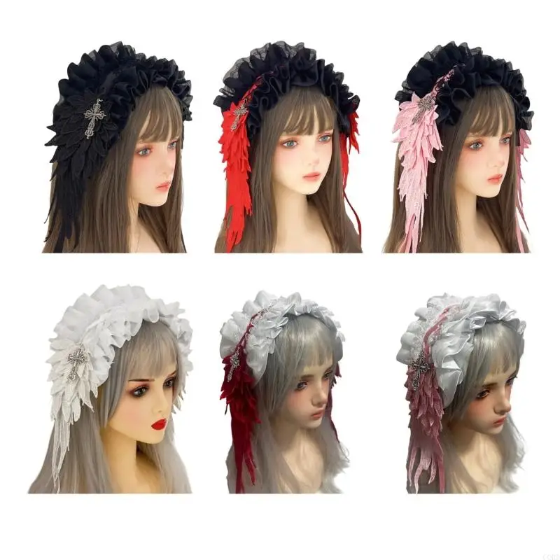 

CORD Gothic Inspired Hair Decoration With Soft Fabric Lace And Metallic Crosses Embellishment For Costume Parties