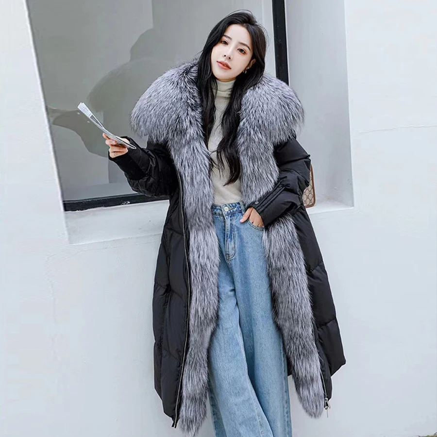 

MENINA BONITA 2023 X-long Winter 90% Goose Down Jacket Women Natural Silver Fox Fur Collar Luxury Real Fur Coat Warm New Fashion